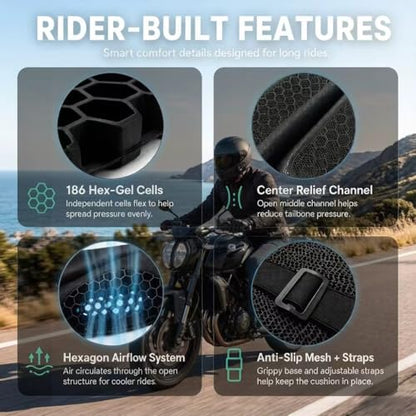 Motorcycle Seat Pad, 3D Honeycomb Breathable Shock Absorbing Cushion for Rider & Passenger, Universal Comfort Seat Accessory for Long Distance Riding
