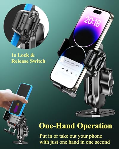 BRCOVAN Anti-Theft Phone Mount Holder with Vibration Dampener, 1s Locking | Don't Block Camera, with Aluminum Diamond Base & Medium Arm, for Car Boat Truck Motorcycle UTV, Fit 5.4-7.2'' Smartphones