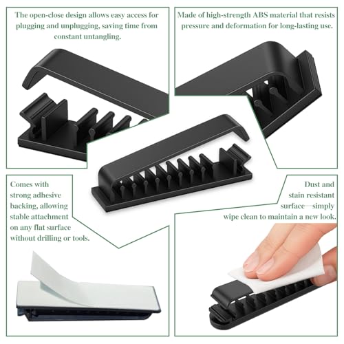 4-Pack Cable Clips Cord Organizer – Self-Adhesive 10-Slot Wire Holders for Desk, Car, and Home Cable Management (Black)