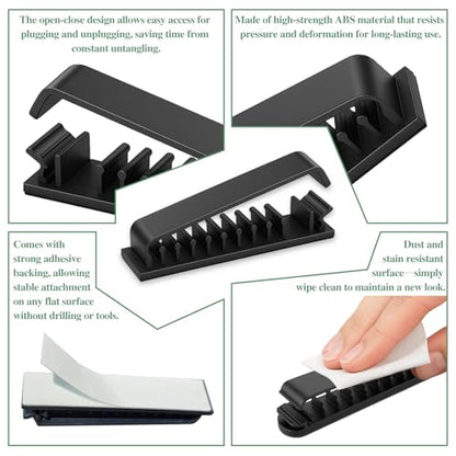 4-Pack Cable Clips Cord Organizer – Self-Adhesive 10-Slot Wire Holders for Desk, Car, and Home Cable Management (Black)