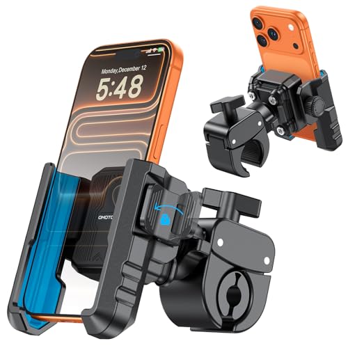 OMOTON BK01 Anti-Vibration Phone Mount, Quick Lock Shockproof Bike & Motorcycle Phone Holder, Fits iPhone & Android for Riders on E-Bike, Stroller, Scooter, Fits Handlebars & Rearview Mirror, Blue - color: 2-Blue