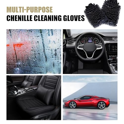 2 PCS Car Microfiber Wash Mitt, 5.51In X 9.05In Chenille, for Car Washing, Elastic Cuff Multi-Purpose Wash Mitt Cleaning Kit (Black)