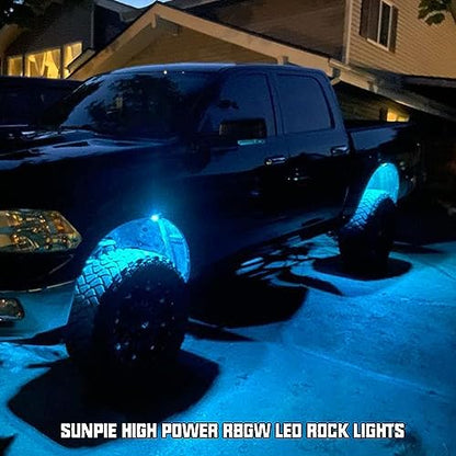 SUNPIE 12 Pods RGBW Rock Lights – Full Beam Angle, 30 High Power Chips, Aluminium Housing, Mounting Pads Included, IP67 Waterproof, Music Mode Underglow Lights, Fits Trucks, SUV, ATV, UTV, Boats - size: 12Pcs