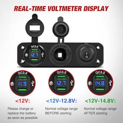 Nilight 4 in 1 Charger Socket Panel Dual QC3.0 USB with LED Voltmeter Display and Cigarette Lighter Power Cutoff Switch for CarsTrucks UTV ATV - color: Dual USB w/Switch