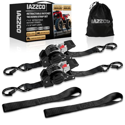 6FT Retractable Ratchet Straps(2-Pack) - 1 Inch (1800 LB Break Strength) Heavy Duty Self Retracting Ratchet Straps with Soft Loops & Storage Bag for Household, Motorcycle, Truck, ATV(Black) - style: 6FT/Black-2 Pack