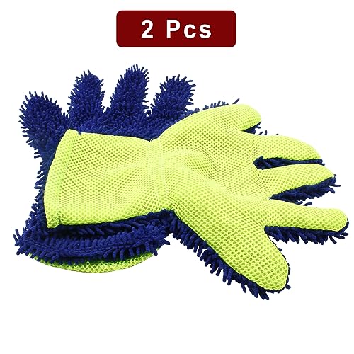 BokWin 2-Pack Car Wash Mitt Scratch Free, 5-Finger Microfiber Wash Mitts, Car Interior Exterior Cleaning Gloves, Auto Chenille Washing Sponge Kits for Cleaning Wheel Tight Spot(Blue) - color: Blue