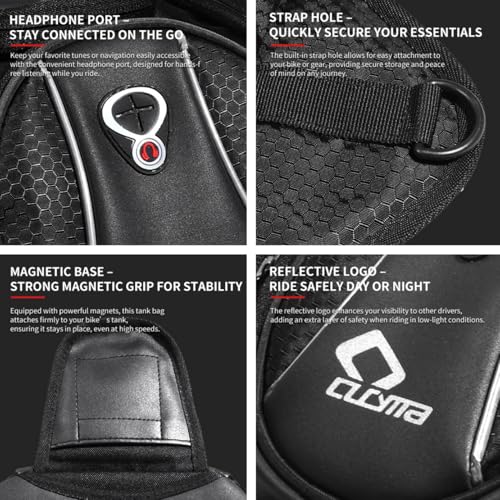 Motorcycle Tank Bag, Magnetic Motorcycle Tank Bag with Detachable Clear Phone Pouch and Rain Cover, Gas Tank Bag for Street and Touring Bikes, Black