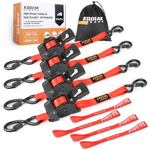 Retractable Ratchet Straps 1" x 10ft, 1,800lb Break Strength, Heavy Duty Easy Release Tie Down for Trucks, Trailers, Motorcycles, ATVs, Secure Cargo KODIAK STRAPS (Blue, 4Pack) - color: Red, size: 1INCH*4PACK