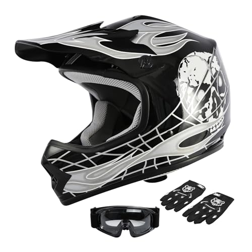 SLMOTO Dot Youth Kids Helmet Motocross Offroad Street Helmet Motorcycle Helmet Dirt Bike Motocross ATV Black Skull Design HelmetGogglesGloves Large, Small - color: Black Skull, size: Small