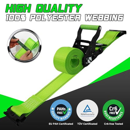 Heavy Duty Wheel Chock Tie Down Straps Set (2PK) - 4,400lb Guaranteed Max Break Strength, (2) 2" x 6' Trailer Tire Straps with (4) Wheel Chocks for ATV, UTV or Tractors - style: 2PK - Green