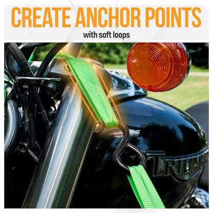 FORTEM Ratchet Straps, Tie Down Strap Set 1650lb Break Strength, 4 Pack 15ft x 1in, 4 Soft Loops, Moving Straps Tie Downs, Cargo Cam Buckles for Trucks, Carry Bag, for Men - color: Green