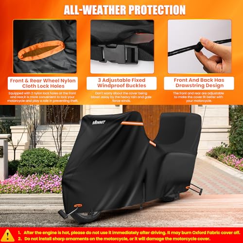 Motorcycle Cover with Side + Top Box, 420D Heavy Duty Nano-Coated, Touring Bike Cover, 5 Reflective Strips,Air Vents,3 Windproof Buckles,Antenna Zipper - color: Black, size: Side+Top Box(118"x44"x56")