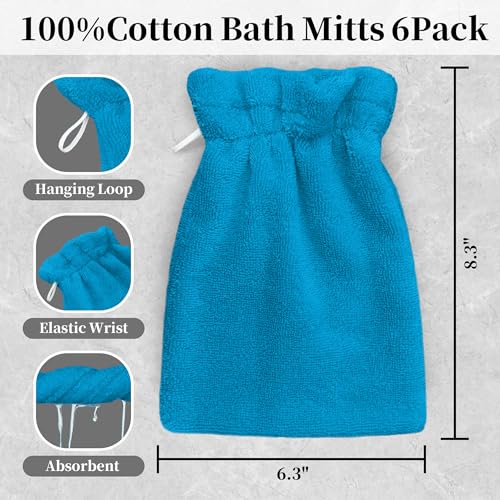 VOOVA & MOVAS Wash Mitts for Body 6-Pack, 100% Cotton Soft Absorbent Wash Cloths with Hanging Loop, 8.3x6.3 Inch European Style Wash Gloves for Shower & Spa, Sky Blue - color: Sky Blue