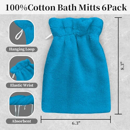 VOOVA & MOVAS Wash Mitts for Body 6-Pack, 100% Cotton Soft Absorbent Wash Cloths with Hanging Loop, 8.3x6.3 Inch European Style Wash Gloves for Shower & Spa, Sky Blue - color: Sky Blue