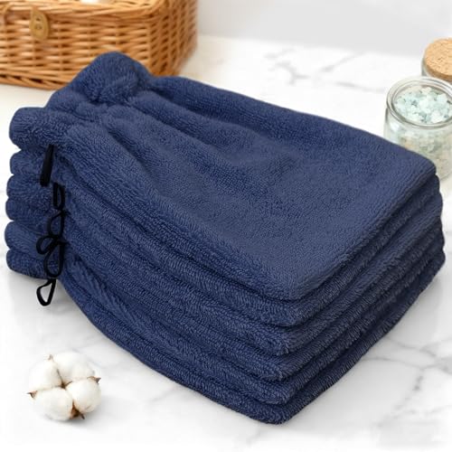 VOOVA & MOVAS 6-Pack Bath Mitts for Shower, 100% Cotton Soft Absorbent Wash Cloths with Hanging Loop, 8.3x6.3 Inch European Style Bathing Gloves for Body & Spa, Navy - color: Navy