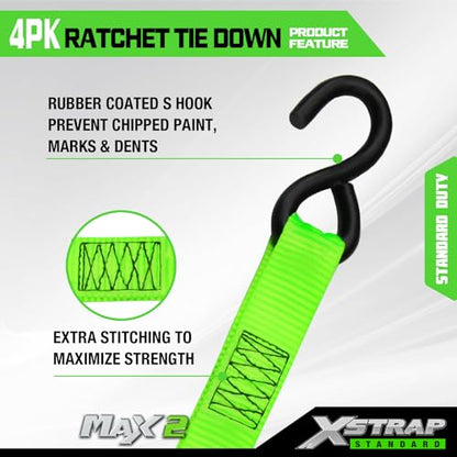 XSTRAP STANDARD 4 Pack 1" x 15Ft Ratchet Tie Down Straps - 500Lbs Load Cap, 1500Lb Break Strength, Includes 2 Bungee Cords for Moving Appliances & Motorcycle, Green - style: 4pk 1inchx15ft 1500lbs green with 2 Bungee Cord