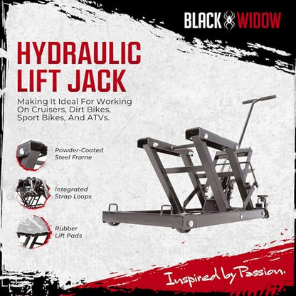 Black Widow Motorcycle and ATV Lift Jack Stand, Hydraulic Operation for Garage Storage and Lifting Vehicles up to 1,500 Pounds, Black