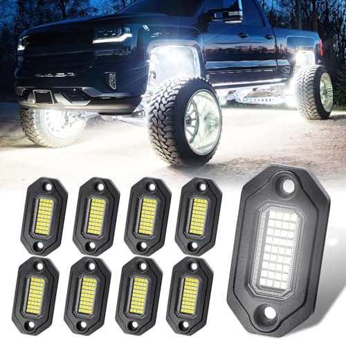 8 Pods Aluminium Pure White LED Rock Lights, 6500K Super Bright Neon Underglow Lights, IP68 Waterproof for Trucks SUV UTV ATV RZR Car Boats Motorcycle with 15ft Extension Wire - size: 8 Pods