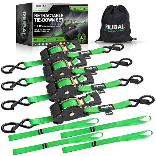 Retractable Ratchet Straps (4-Pack) - 1 Inch x 15 Feet (1,764lb Break Strength) - Auto Self Retracting Tie Down Straps Heavy Duty for Motorcycle, ATV, UTV, Truck, Cargo Trailer – Green - color: Green, size: 15 Feet