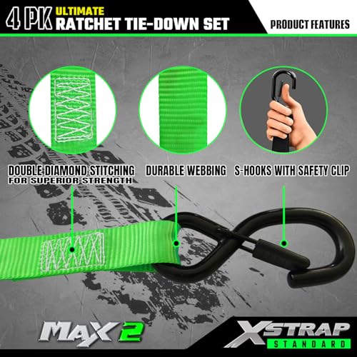 XSTRAP STANDARD 4PK Motorcycle Ratchet Straps, 1" x 15ft, 2,200 lbs Break Strength Tie Down Straps with Safety Lock S-Hooks, Soft Loop Straps and Stickers for Trucks, Cargo, Moving (Green) - size: Green-2200 lbs-4Loops