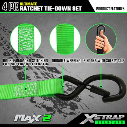 XSTRAP STANDARD 4PK Motorcycle Ratchet Straps, 1" x 15ft, 2,200 lbs Break Strength Tie Down Straps with Safety Lock S-Hooks, Soft Loop Straps and Stickers for Trucks, Cargo, Moving (Green) - size: Green-2200 lbs-4Loops