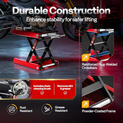VIVOHOME 1100 LBS Motorcycle Lift Scissor Jack, Wide Deck Hoist Stand, Height Adjustable Center Stand with Crank, Steel Lift for Cruiser, Dirt Bike, ATV - Red - color: Red