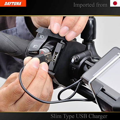DAYTONA Motorcycle USB Charger Slim Type (1 Port) - Handlebar Clamp, Water Resistant Cover, Fast Charging 5V/2.4A Output, Fits ?22.2/25.4mm, Made in Japan