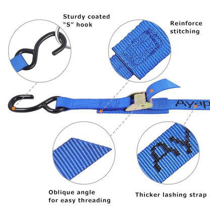 Ayaport Cam Buckle Tie Down Straps 6 feet 2200lbs Break Strength Blue Securing Straps with S Hooks for Motorcycle, Kayak, Car, Truck, Dirt Bike - size: Cam Buckle-1"x6\' blue