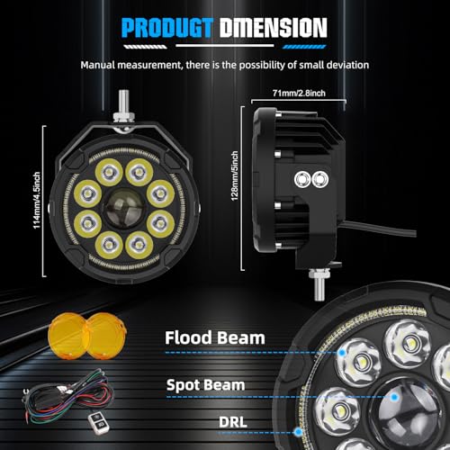 BraveWAY [Strobe] Motorcycle Auxiliary Lights with DRL, 4.5 inch LED Fog Lights, Spot+Flood White Driving Light for ADV Adventure Touring Motorcycle ATV UTV LED Bar 2PCS(+Wiring Harness) - size: 4.5 inch White/Yellow for MC