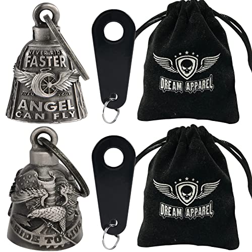 Dream Apparel 2 Pack Motorcycle Bells Guardian Angel for Biker Rider Men Women Ride Riding with Hangers, Drive Away Gremlins - color: Wing Wheel Bell + Ride to Live Bell