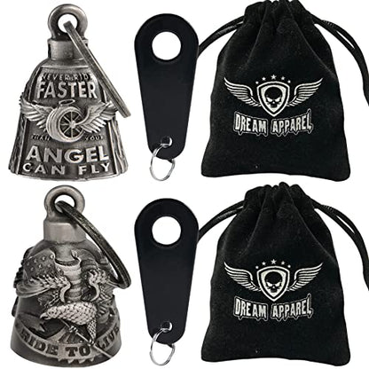 Dream Apparel 2 Pack Motorcycle Bells Guardian Angel for Biker Rider Men Women Ride Riding with Hangers, Drive Away Gremlins - color: Wing Wheel Bell + Ride to Live Bell