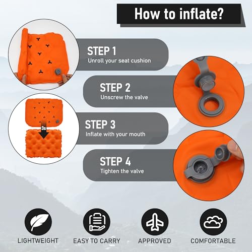 Inflatable Seat Cushion, Lightweight Stadium Seat Pad, Travel Air seat Cushion Anti-Slip for Airplane, Long Flights, Hiking, Climbing, Home and Camping, Compact Air Cushion - color: Orange