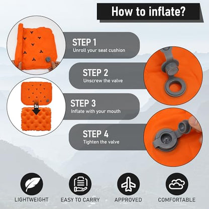 Inflatable Seat Cushion, Lightweight Stadium Seat Pad, Travel Air seat Cushion Anti-Slip for Airplane, Long Flights, Hiking, Climbing, Home and Camping, Compact Air Cushion - color: Orange