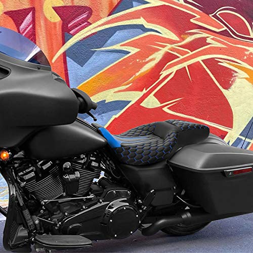 C.C. RIDER 2-up Motorcycle Seat Driver Passenger Touring Seat for Harley Davison Electra Glide Classic Street Glide Road Glide 2009-2023 - color: Seat-Blue Stitching