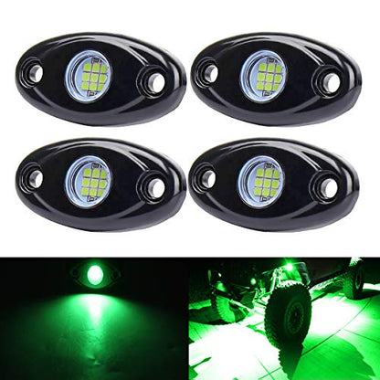 Green LED Rock Lights, 4 Pods Neon 12V Waterproof Underglow Underbody Kit Crawler Crawling Dome Exterior Wheel Lights for ATV RZR UTV SUV Off-Road Auto Boat Motorcycle Glow Trail Rig Fender Lamp - color: green