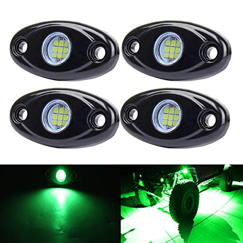 Green LED Rock Lights, 4 Pods Neon 12V Waterproof Underglow Underbody Kit Crawler Crawling Dome Exterior Wheel Lights for ATV RZR UTV SUV Off-Road Auto Boat Motorcycle Glow Trail Rig Fender Lamp - color: green