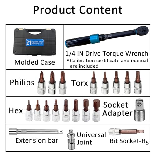 1/4-Inch Drive Click Torque Wrench Set, 44.3~221.3 IN.LB/5-25 N.m, ±3% Accuracy, 72-Tooth Dual Range Scales Adjustable Torque Wrench for Car Repair, Bike, Motorcycle