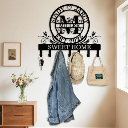 Personalized Monogram Key Holder for Wall, Custom Family Name Hooks | Monogram name design with rust-resistant metal, free hardware, ideal for new home, wedding, couples and housewarming - color: Monogram