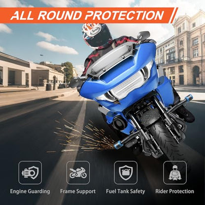 Engine Guard Flat Out Crash Bar for 2014-2025 Harley Touring Street Glide Road Glide Road King Electra Glide Ultra Models (Gloss Black w/Blue CNC) - color: Gloss Black w/Blue CNC