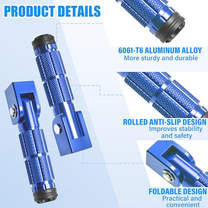 M8 Motorcycle Foot Pegs Folding Rearsets-90 Degree Foldable Footrest Fit 0.86-1.37in Brackets, Anti-Skid CNC Footpegs with Rubber Gasket for Pit Bike Dirt Bike Adventure Touring Bikes (Blue) - color: Blue