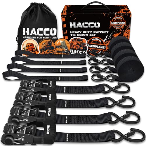 HACCOPLANET Ratchet Straps, 5280lb Break Strengeth, 1.6" Heavy Duty Ratchet Tie Down Strap Set w/Padded Handle, S Hook, Soft Loop for UTV Motorcycle Truck Cargo Straps (Black, 16FT) - color: Black, size: 16FT