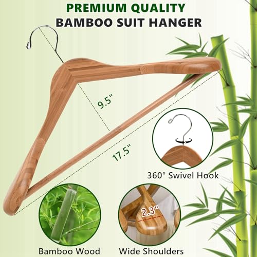 Amber Home 6 Pack Wide Shoulder Bamboo Wood Suit Coat Hangers, Wooden Clothes Hangers with Pants Bar, Heavy Duty Jacket Hangers for Dress, Pants, Heavy Clothes - size: Bamboo