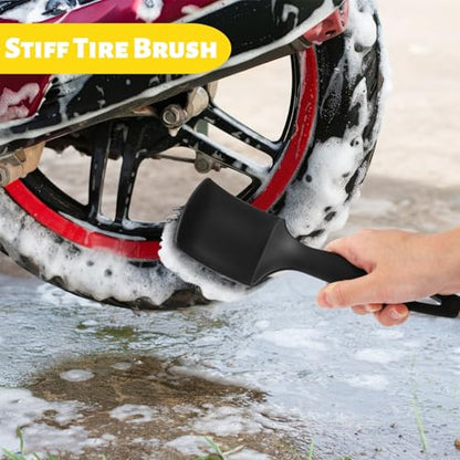 Set of 6 Motorcycle Cleaning Brush Kit, Motorcycle Detailing Wash Kit, Include Easy Reach Brush, Chain, Stiff Tire, Detailing Brush, Wool Wash Mitt, Microfiber Towel for Motorcycle, Bicycle