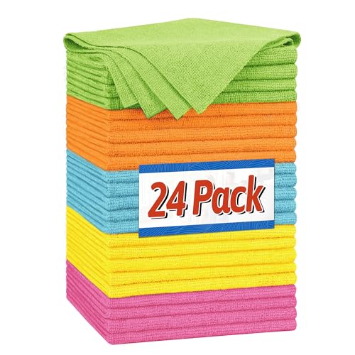 FIXSMITH Shop Towels, Microfiber Cleaning Cloth Bulk, 24 Pack Microfiber Towels for Cars, All-Purpose Absorbent Cleaning Rags, Dust Cloth for Automotive, Mechanic, Garage, Bar, 11.5 x 11.5 inch - color: 5 Colors, size: 24PK