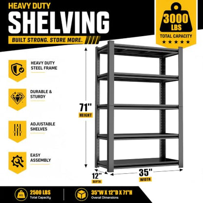Metal Garage Shelving 5 Tier, Heavy Duty Garage Storage Shelves, Adjustable Steel Shelving Unit, Metal Storage Rack for Garage Warehouse Pantry, Black, 35" W x 12" D x 71" H - size: 5TIER-35"W X 12"D X 71"H