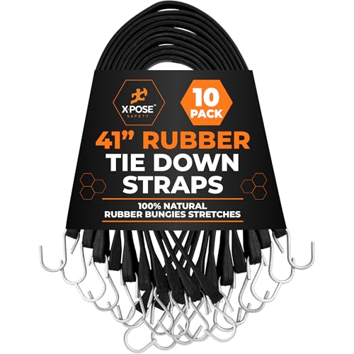 Rubber Bungee Cords with Hooks 10 Pack 41 Inch (62” Max Stretch) Heavy-Duty Black Tie Down Straps for Outdoor, Tarp Covers, Canvas Canopies, Motorcycle, and Cargo - by Xpose Safety - size: 41"