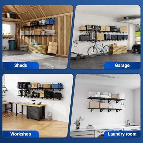 FLEXIMOUNTS 2-Pack 2x4ft 24-inch-by-48-inch Wall Shelf Garage Storage Rack Wall Mounted Floating Shelves, Black, Classic Series - color: Black, size: 2 pack-2x4 ft