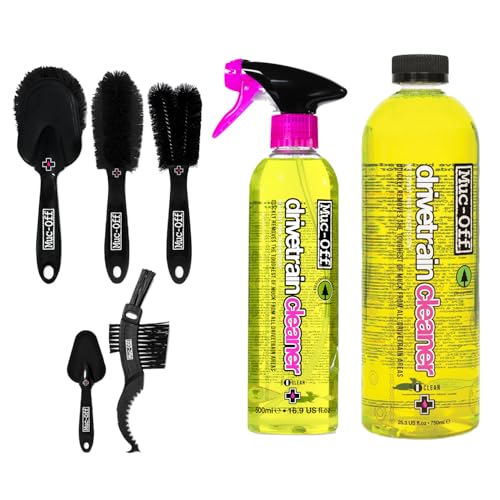 Muc-Off Bio Drivetrain Cleaner | Effective Biodegradable Bicycle Chain Cleaner and Degreaser Spray | Suitable for All Types of Bike - size: 42.2 Fl Oz (Pack of 2) + 5 Brush Set