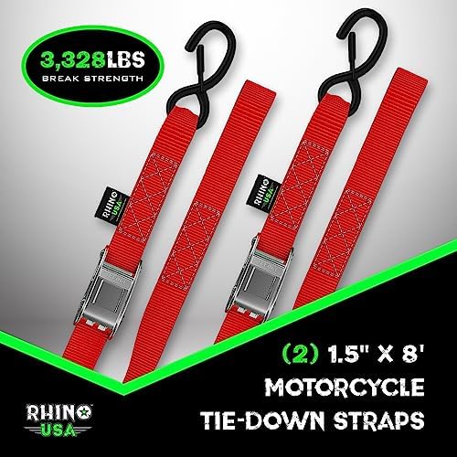 Rhino USA Motorcycle Tie Down Straps (2 Pack) Lab Inspected 3,328lb Break Strength, Steel Cambuckle Tiedown Set with Integrated Soft Loops - Better Than a Ratchet Strap (Red 2-Pack)
