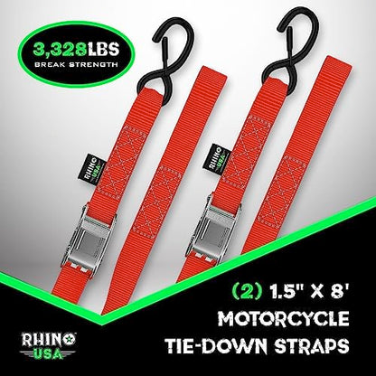 Rhino USA Motorcycle Tie Down Straps (2 Pack) Lab Inspected 3,328lb Break Strength, Steel Cambuckle Tiedown Set with Integrated Soft Loops - Better Than a Ratchet Strap (Red 2-Pack)